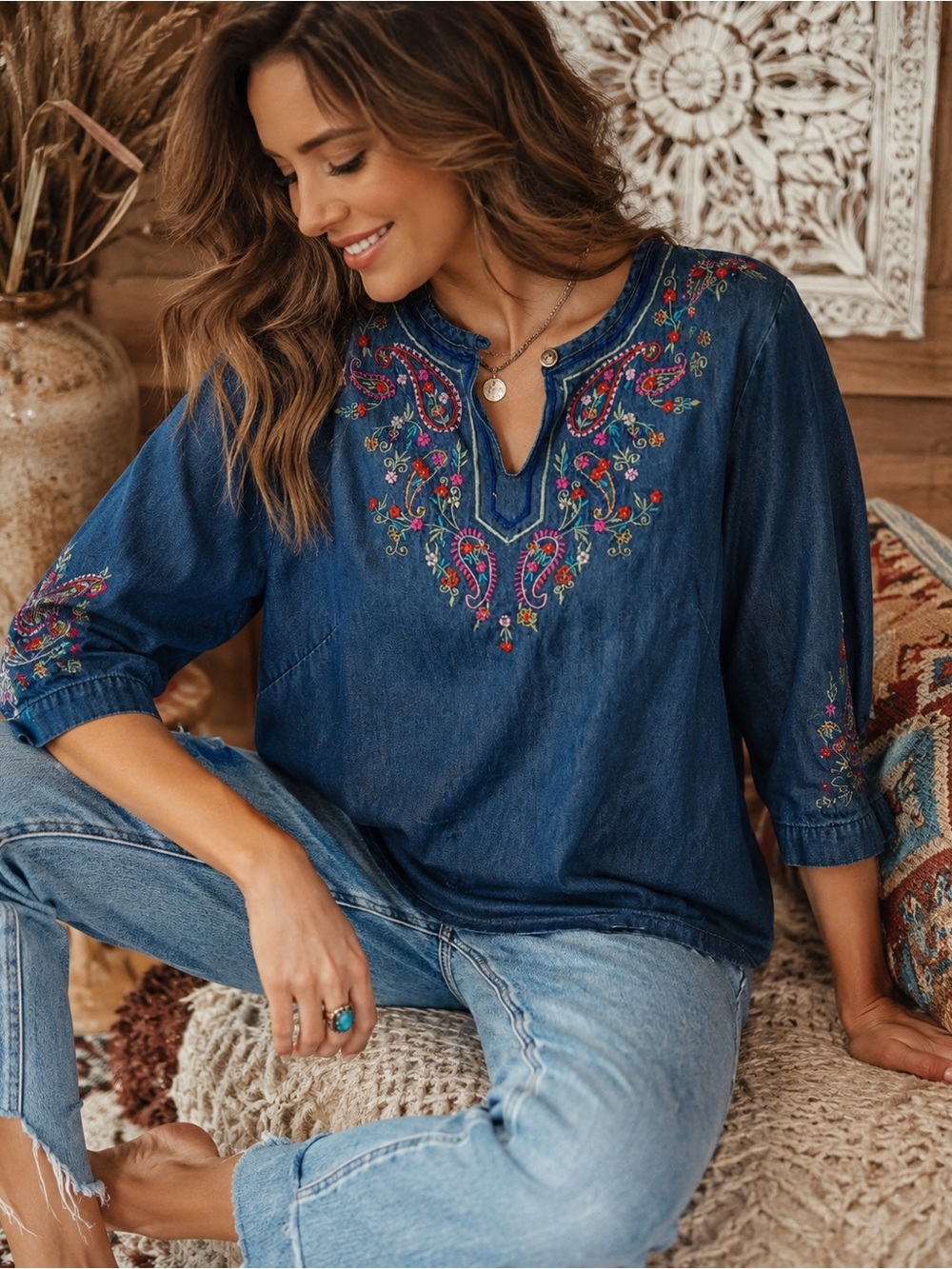 Vintage 220 Hickory Embroidered Chambray Top Boho Paisley Denim Sz S Boho